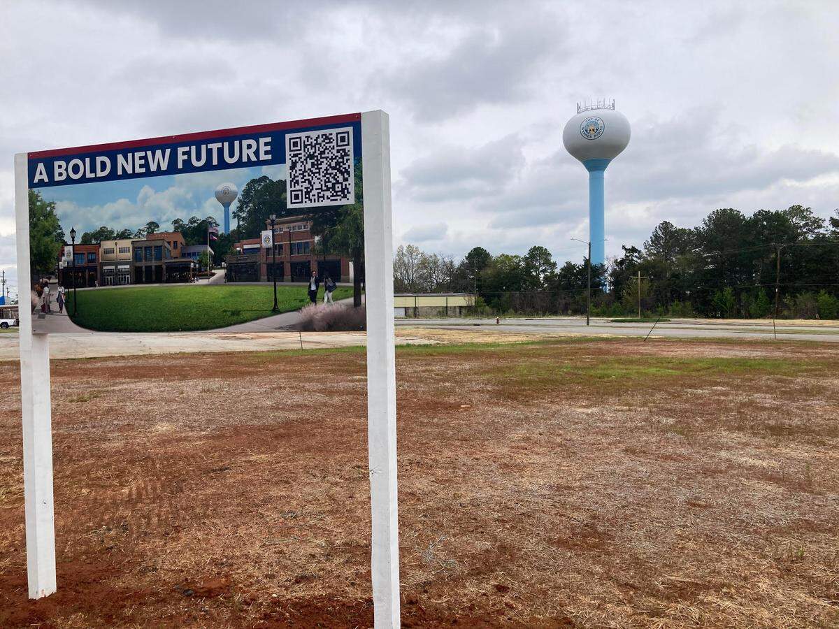 A sign promoting the city of Warner Robins vision to create a vibrant and dynamic downtown district is on the site of former building at North Davis Drive and Watson Boulevard that was demolished earlier this year as part of the initiative.