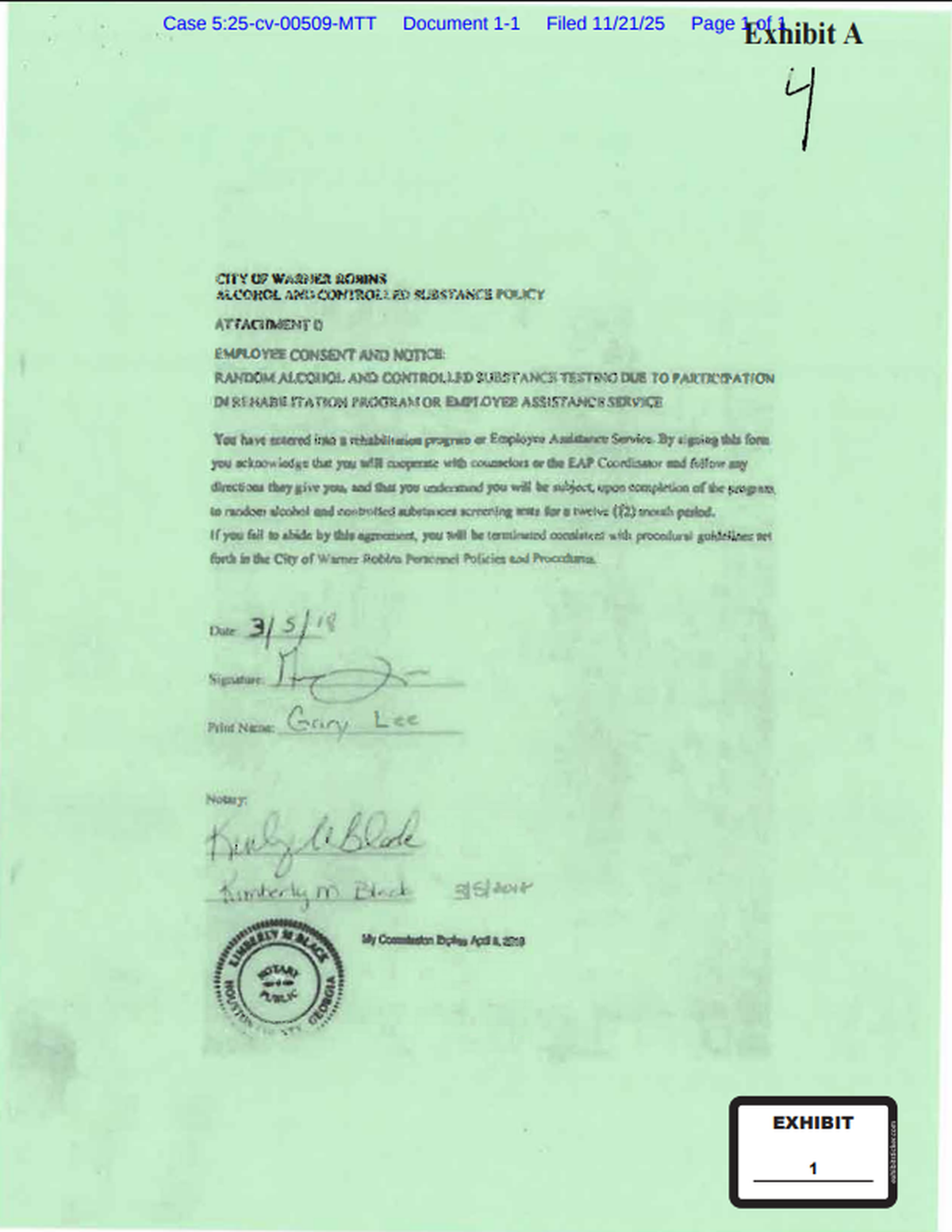 The document that Gary Lee, former executive director of Warner Robins’ economic development, claims was forged. After reporting the alleged forgery, he was investigated and indicted on false report charges after Houston County Sheriff’s Office investigators believed he actually signed it, according to his lawsuit.