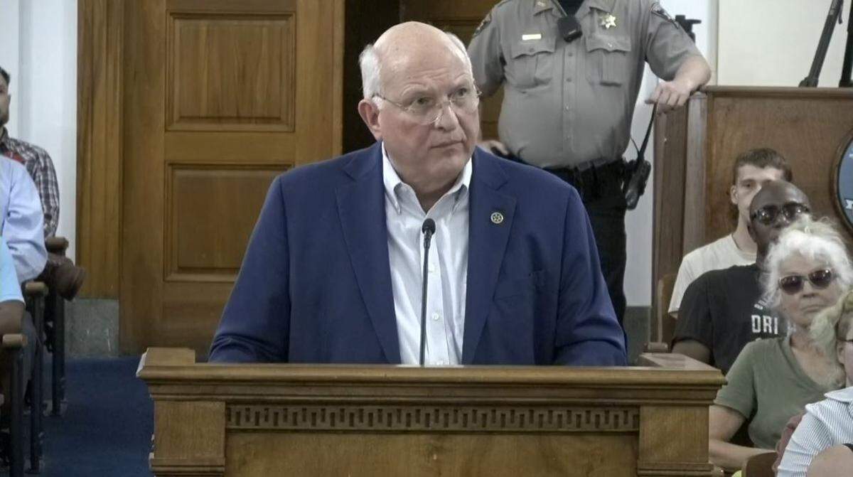 Bibb County Sheriff David Davis speaks to commissioners on June 2, 2026 on behalf of Flock cameras. Residents urged Macon-Bibb County commissioners to cut Flock camera funding amid privacy and profiling concerns. Officials weigh the 2027 public safety budget.