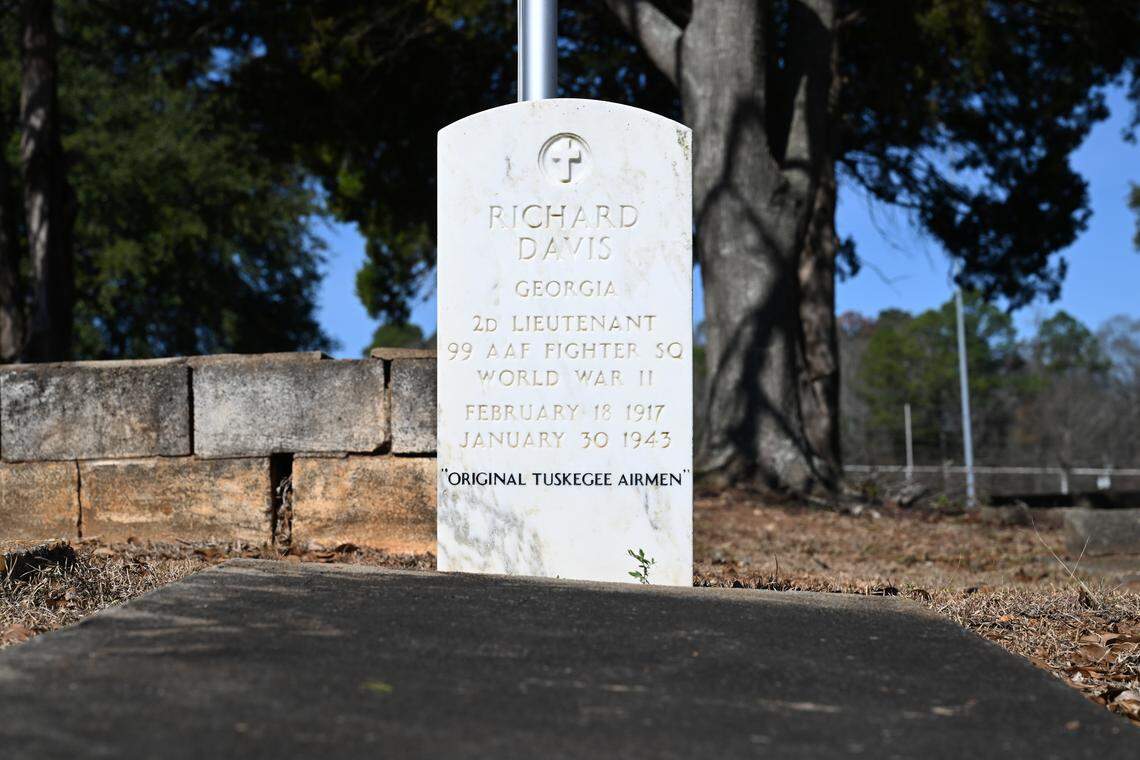 Richard Davis’ headstone sits on the family plot in Goodwill Cemetery in Fort Valley. Davis died in a training accident in 1943 before the Tuskegee Airmen went overseas in World War II.