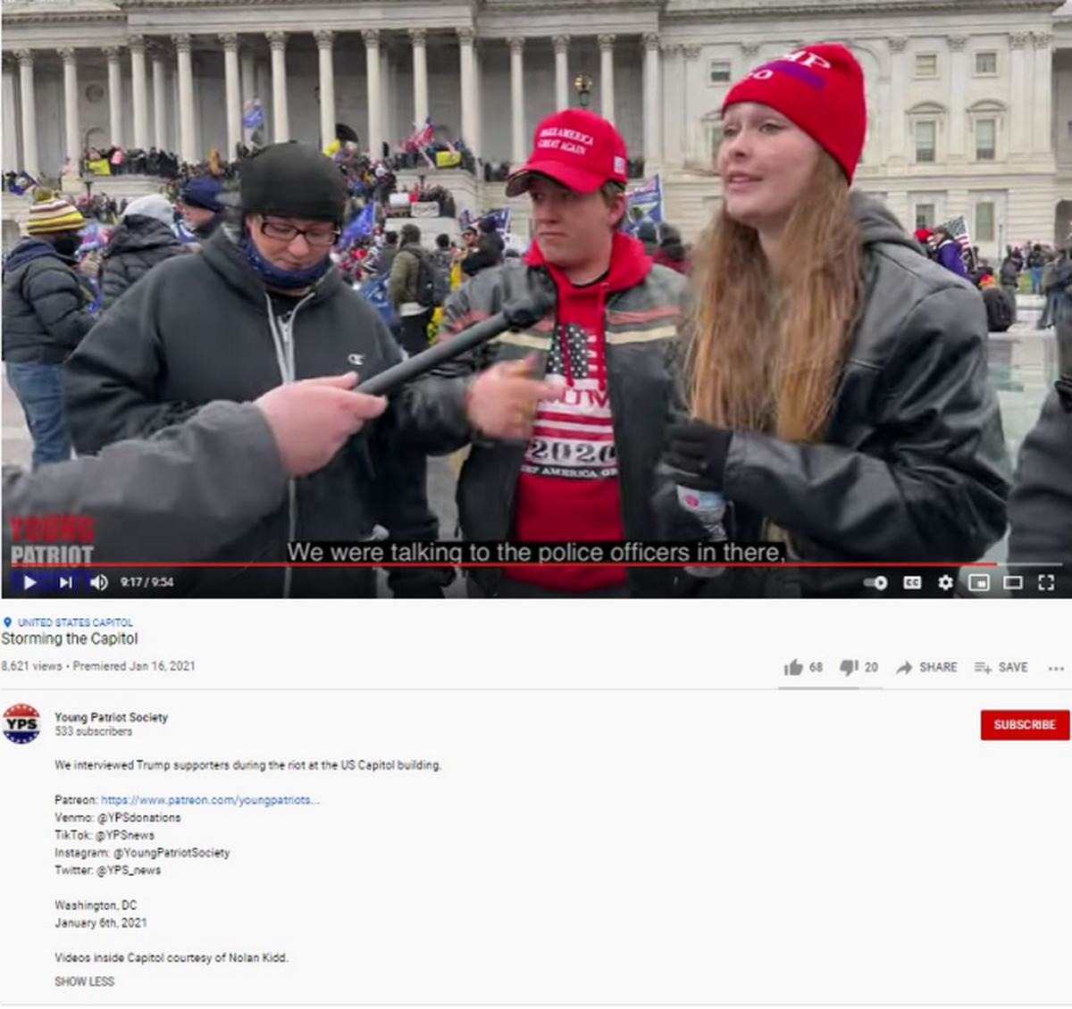 A screenshot of a YouTube video from the Young Patriot Society that captured Nolan Kidd and Savannah McDonald, who were later indicted for storming the Capitol as Congress attempted to certify the 2020 presidential election on Jan. 6, 2021. McDonald was sentenced to 21 days in jail while Kidd was sentenced to 45 days in jail. Both were ordered to pay $500 in restitution.