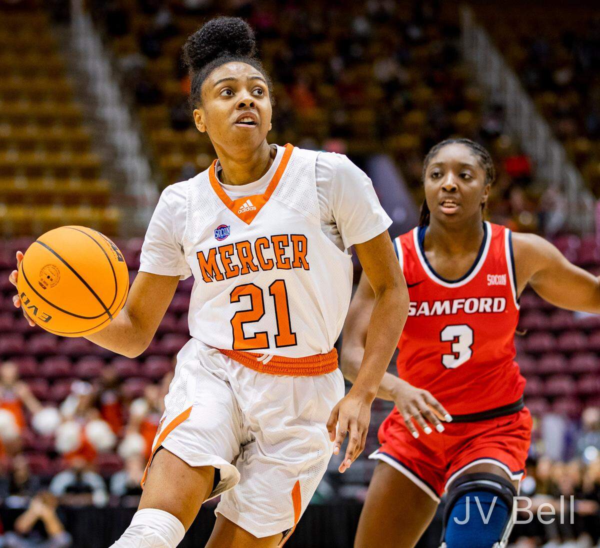 Mercer graduate student guard Shannon Titus drives to the net against Samford Friday morning during the SOCON Ingles Championships at the Harrah’s Cherokee Center in Asheville, N.C.