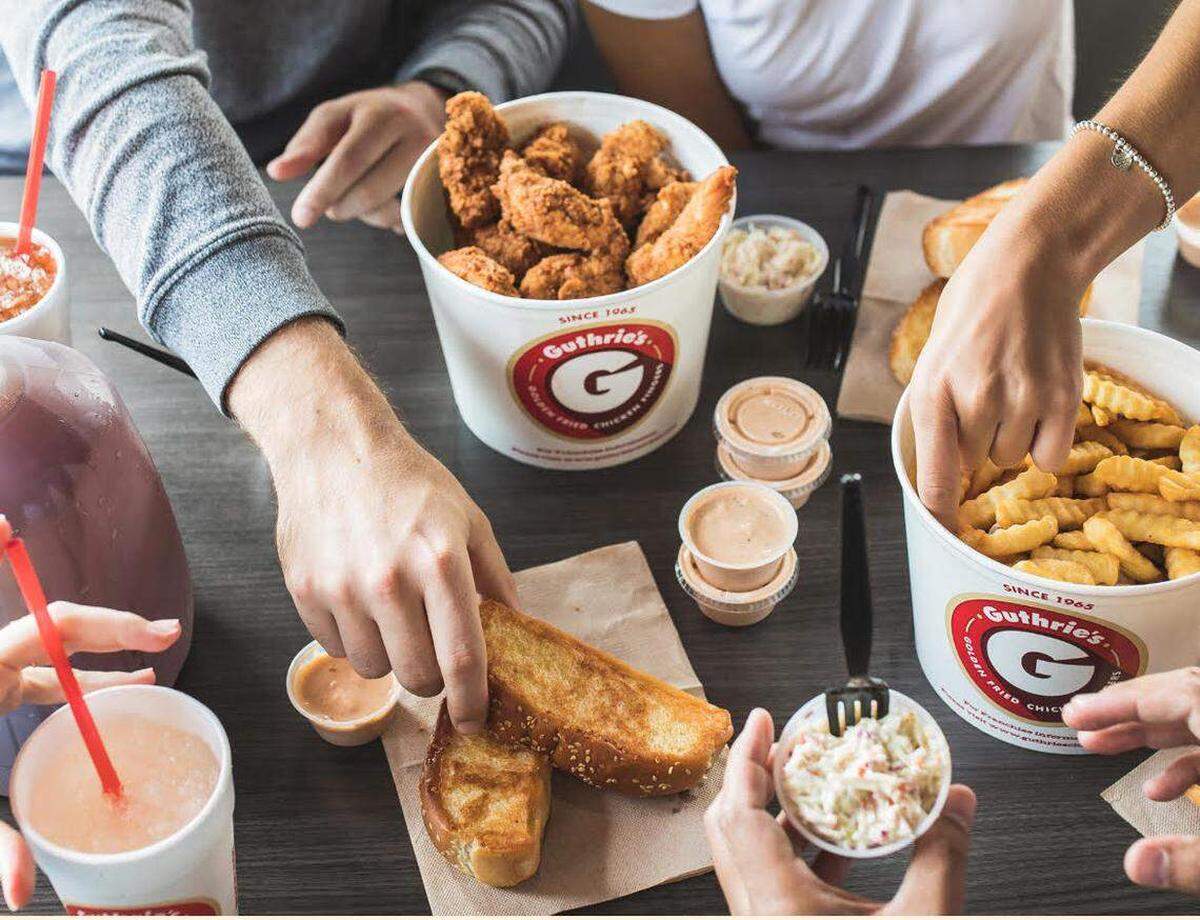 Guthrie’s offers golden fried chicken fingers, crispy fries, creamy coleslaw, buttery Texas toast and a signature sauce.