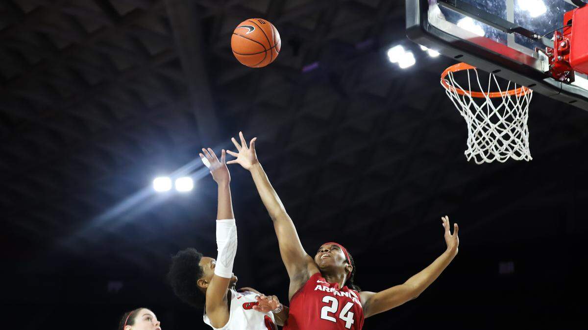 Georgia guard Taja Cole (0) jumps for a layup during a game between the University of Georgia and the University of Arkansas in Stegeman Coliseum in Athens, Ga., on Thursday, February 21, 2019. (Photo by Lauren Tolbert)