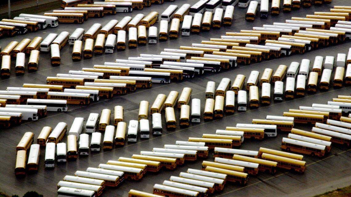 An aerial view of the schools buses at the Blue Bird manufacturing facility in Forty Valley.