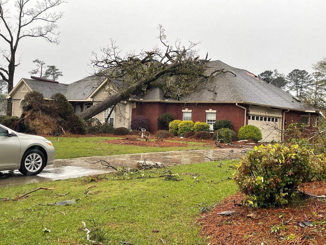 A potential tornado damaged homes in Statham’s Landing in Houston County Tuesday afternoon. National Weather Service staff are expected to conduct an initial assessment of the storm soon.