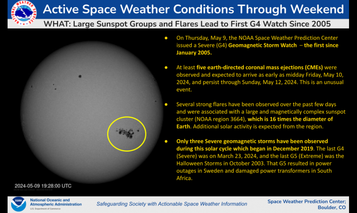 Space Weather Prediction Center has issued a G4 geomagnetic storm watch.