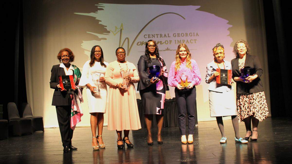 Honorees (from left to right) Angel Irving Cobb, Dr. Keisha Callins, Dr. Patrice Walker, Charity Harris, Meaghan Blight, Wini McQueen, and Starr Purdue smile for a photo at the inaugural Central Georgia Women of Impact Awards on Saturday.