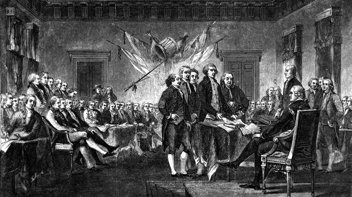 This undated engraving shows the scene on July 4, 1776 when the Declaration of Independence was approved by the Continental Congress in Philadelphia, Pa.