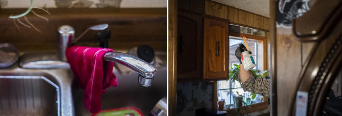 The faucet in Gloria Hammond’s kitchen, left. Fletcher Sams holds a bottle of Hammond’s well water from the same faucet, right.