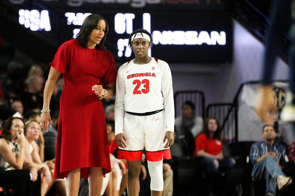 Georgia guard Que Morrison (23), Georgia head coach Joni Taylor during a game against Georgia Tech at Stegeman Coliseum in Athens, Ga., on Sunday, Nov. 17, 2019.