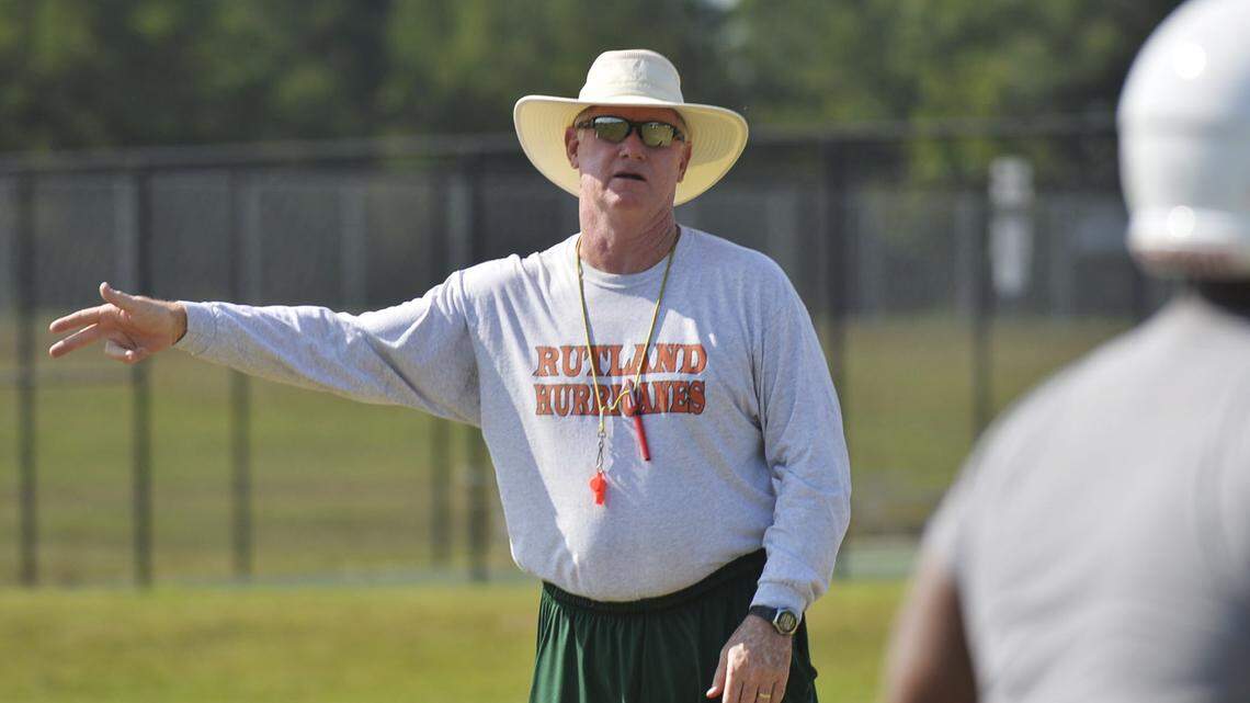 BEAU CABELL/THE TELEGRAPH 
 Macon, Ga., 08/03/2015: Rutland head coach Georgia Collins puts his team through their workout on the first day of school.
