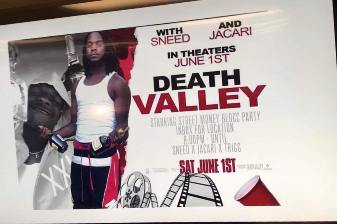 Bibb County sheriff’s officials displayed this image of a party invitation that was circulated on social media in the days before Saturday night’s street party in west Macon.