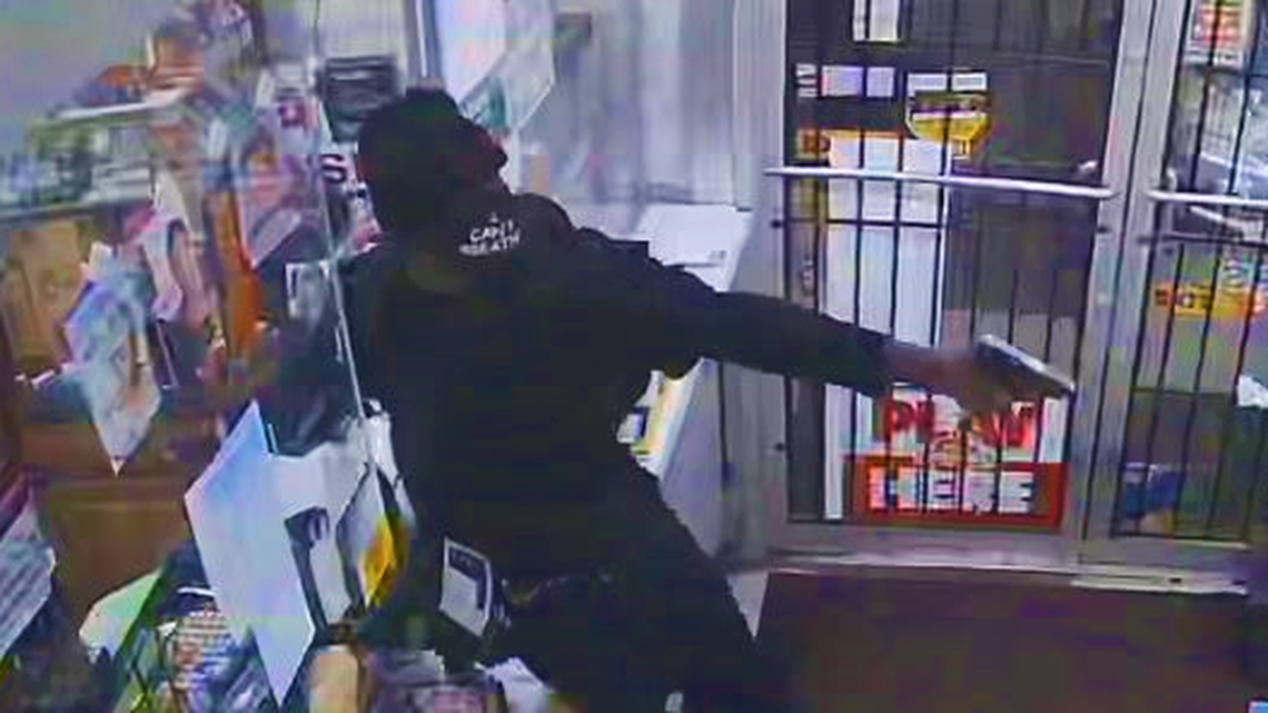 A photograph from a security camera taken during a holdup early Monday at the 7 Star Food Mart on North Davis Drive in Warner Robins.