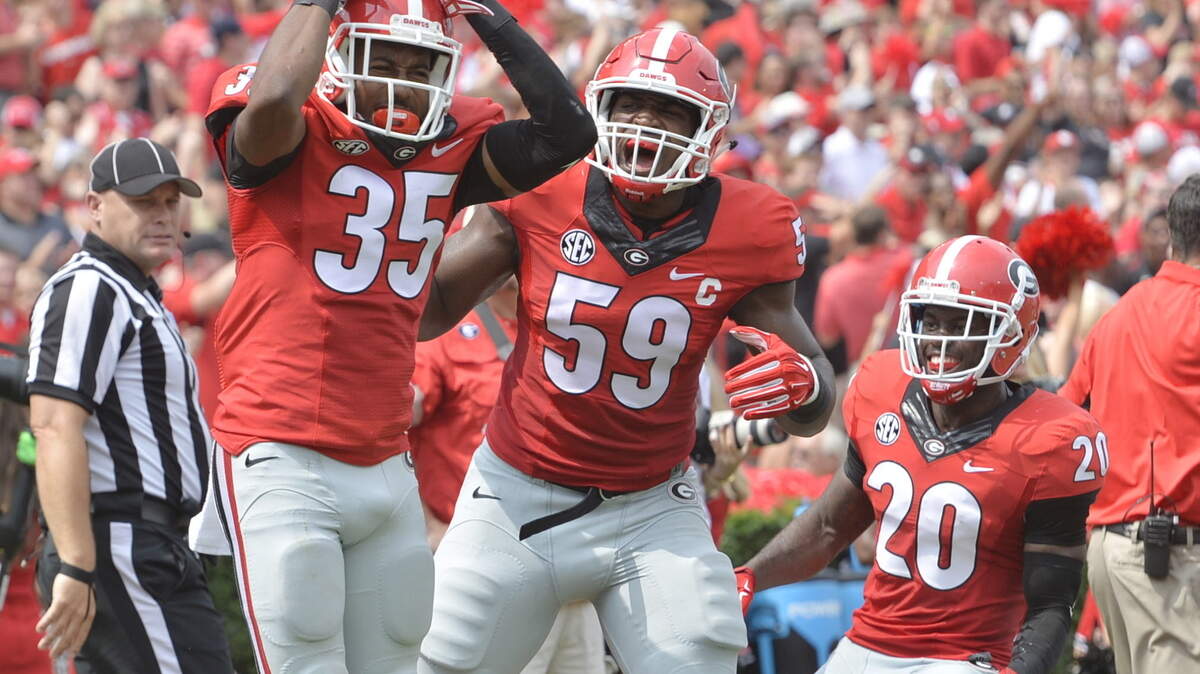 Georgia’s Aaron Davis (35) celebrates his interception Saturday against Louisiana-Monroe.