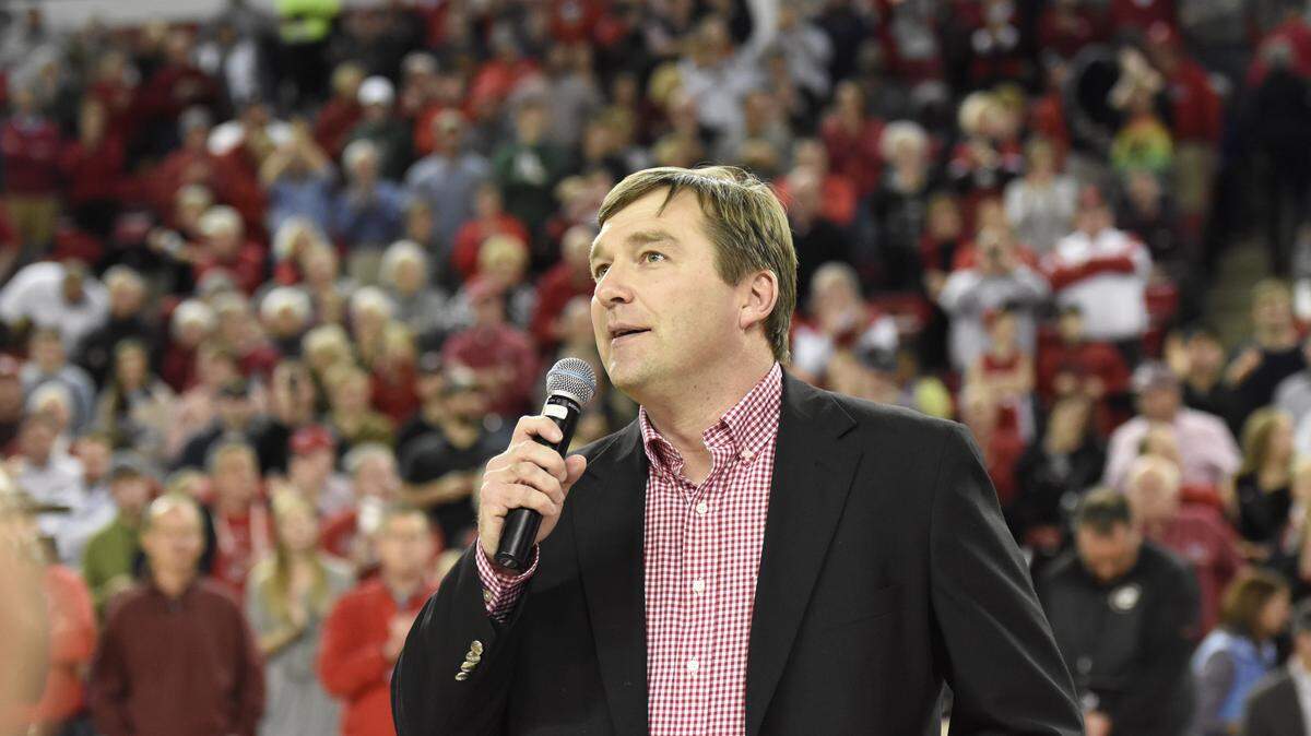 Georgia football head coach Kirby Smart address the crowd during the Bulldogs' game against Arkansas on Jan. 23.