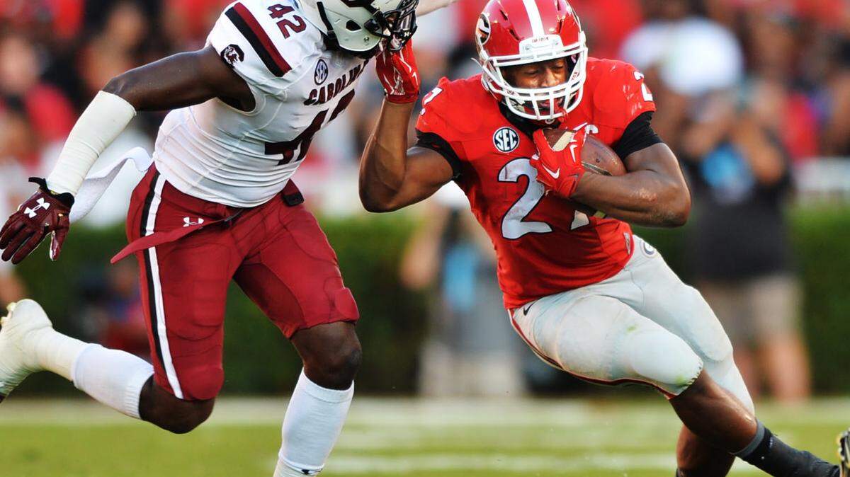 BEAU CABELL/THE TELEGRAPHNick Chubb (27) and Georgia’s backfield weapons may allow the Bulldogs to step up the pace on offense and put defenses on their heels, especially after quarterback Greyson Lambert’s performance against South Carolina in the Bulldogs’ 52-20 win Saturday.