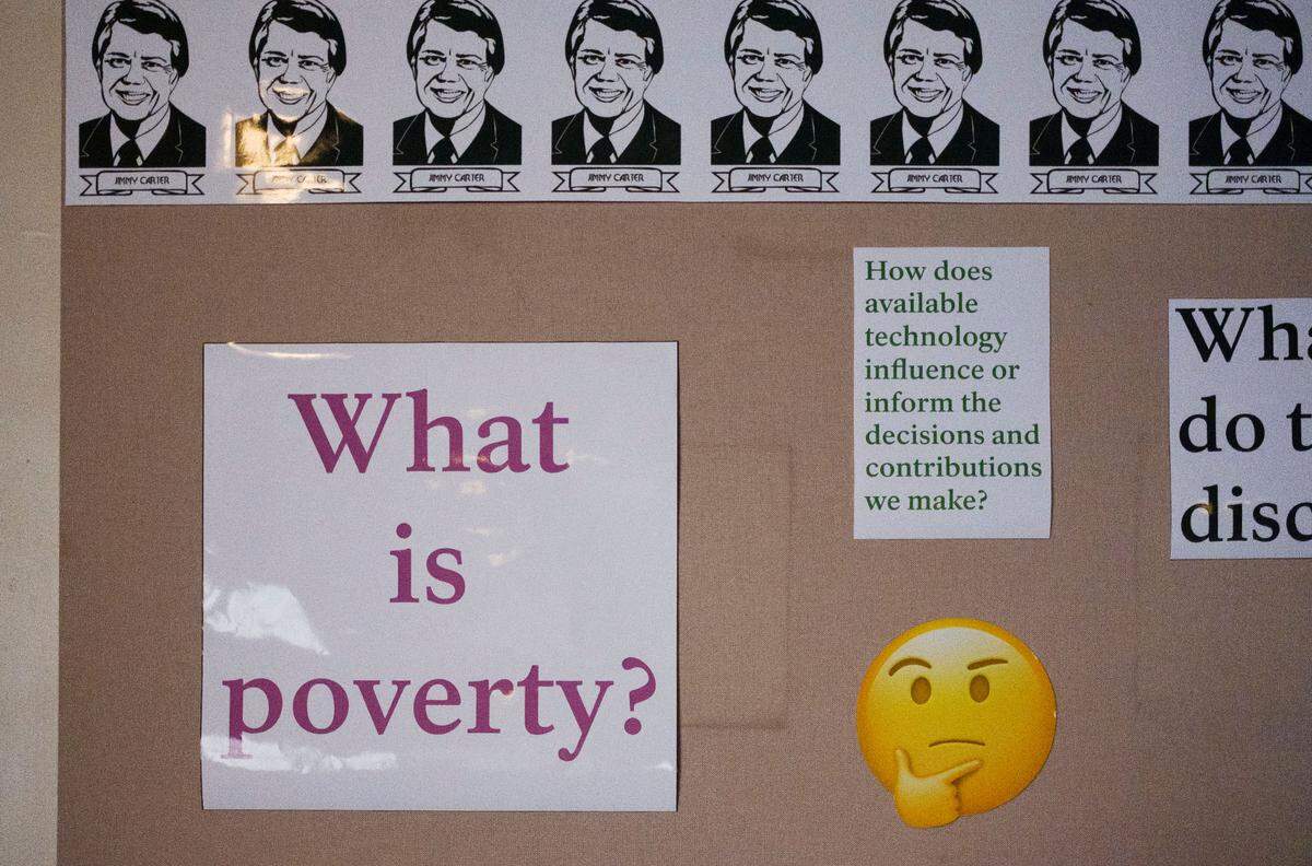 A bulletin board at the back of the Plains High School Auditorium.