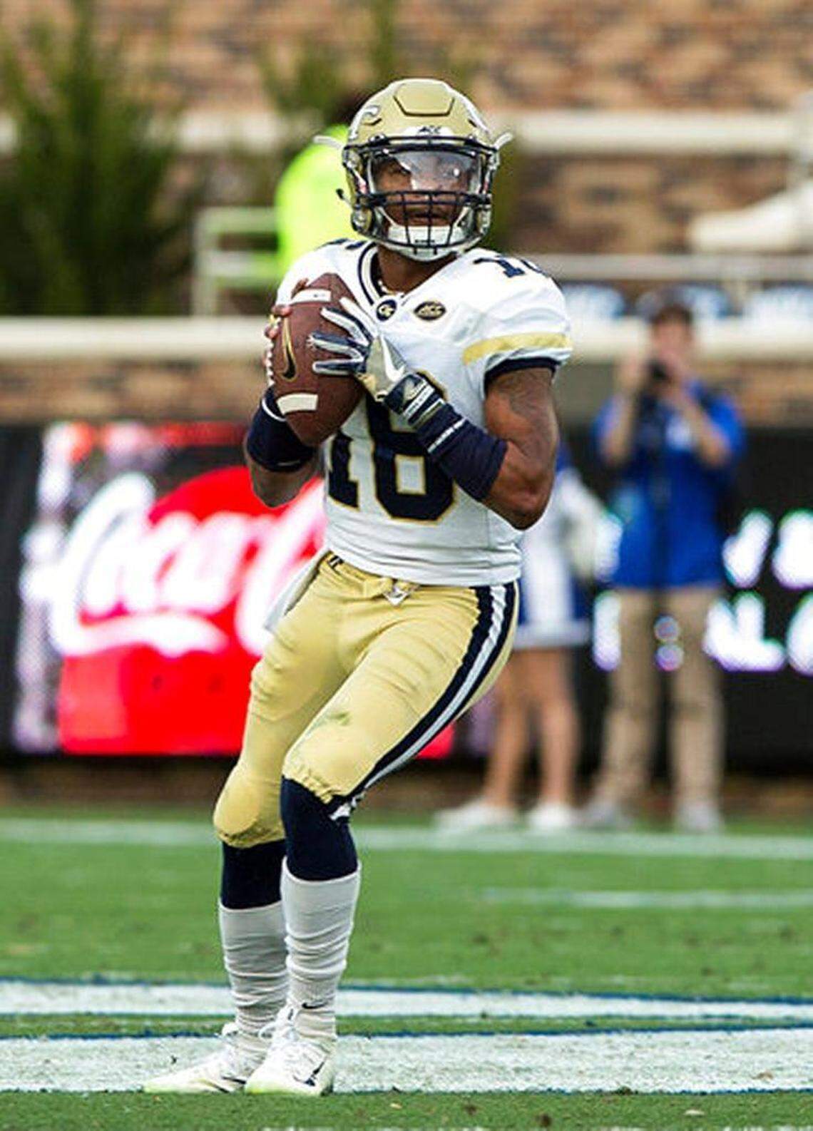 Georgia Tech quarterback Tobias Oliver (18) looks to pass during the first half of an NCAA college football game against Duke in Durham, N.C., Saturday, Nov. 18, 2017. (AP Photo/Ben McKeown)