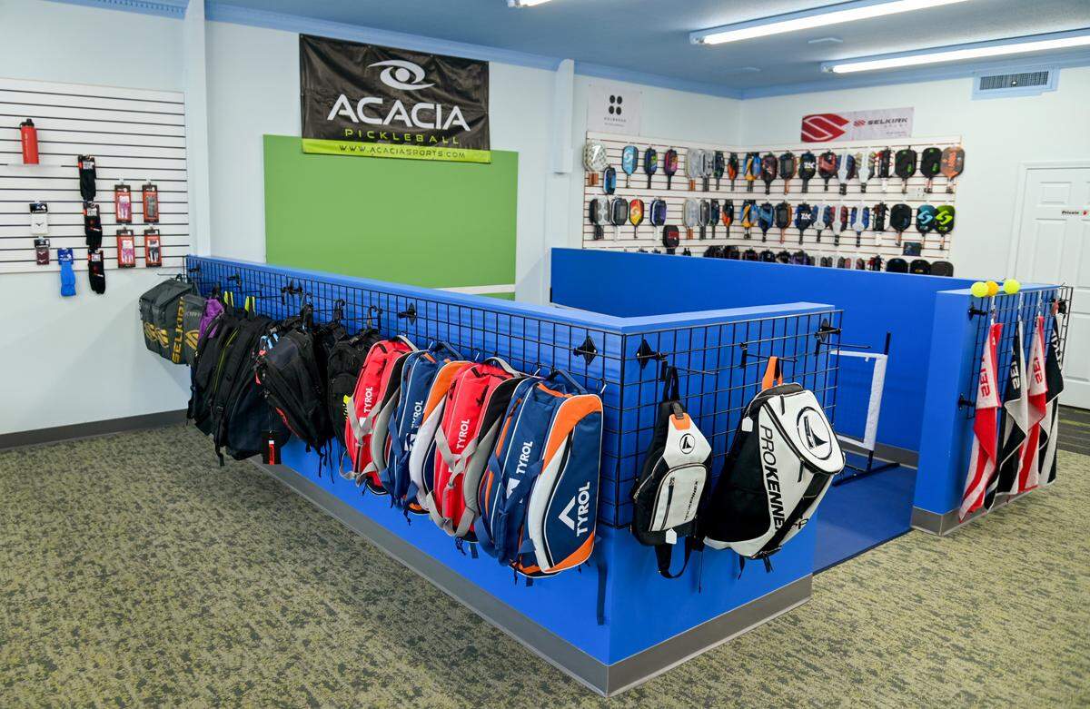 Selection of merchandise available for sale at Pickleball Sports at 4446 Forsyth Road in Macon.