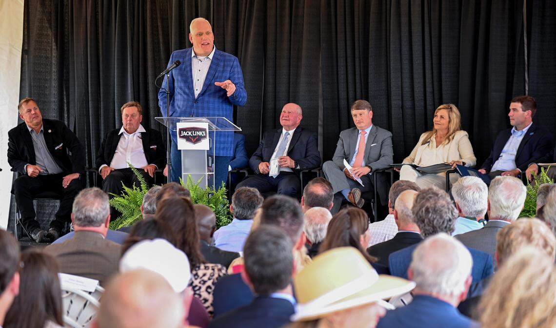 Kevin McAdams, president of North America operations for Jack Link’s Protein Snacks speaks Tuesday afternoon during a groundbreaking for a new $450 million Jack Link’s processing facility in Perry.
