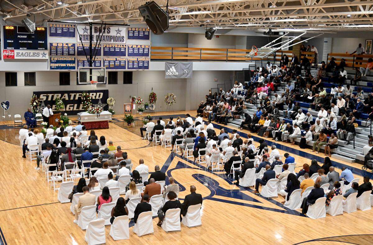 Family, friends and community members gathered Saturday inside the Stratford Academy gym to celebrate the life of former basketball star Devin Butts, who died May 5. Butts, 22, was set to graduate from North Carolina Central University in Durham, where he also played basketball.