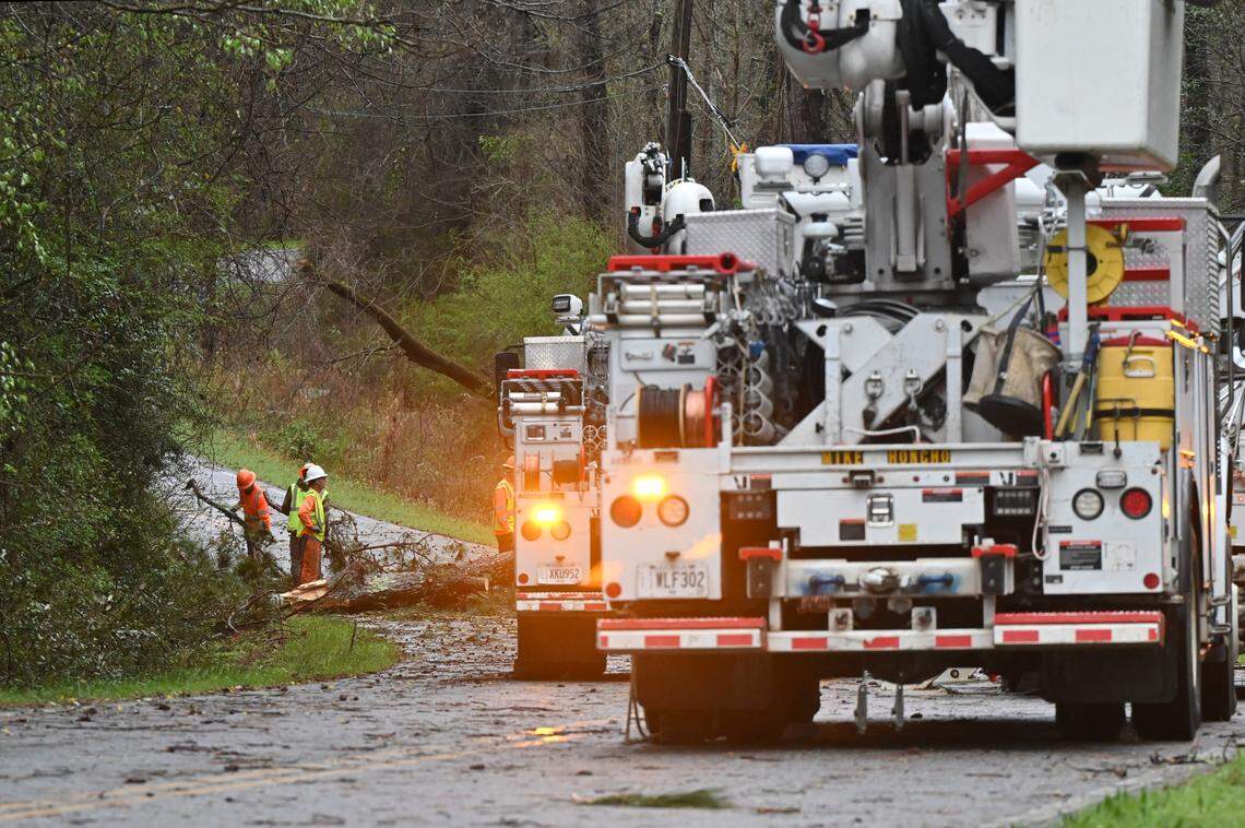 Crews from Georgia Power removed tree limbs from off North Mumford Road on Thursday, March 12, 2026, in Macon, Georgia. Severe storms early Thursday morning resulted in several outages and road closures.