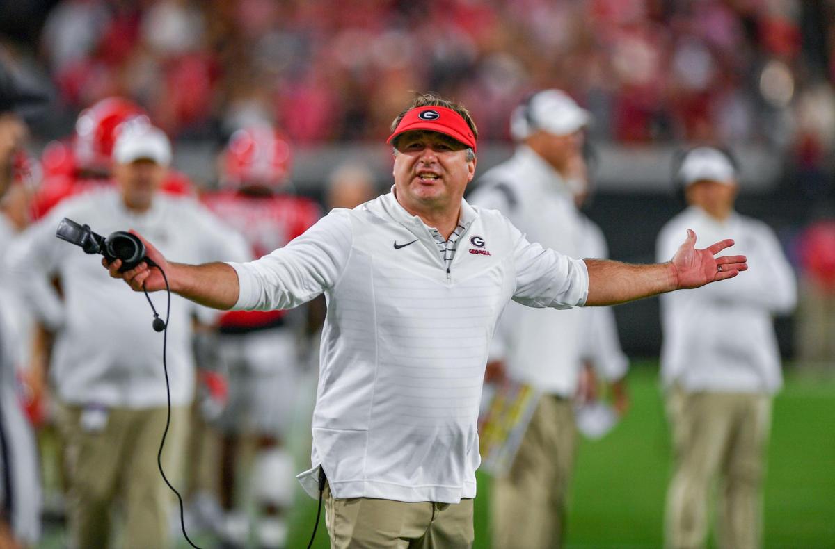 Georgia head coach Kirby Smart reacts to a missed call on a Georgia touchdown Saturday in Jacksonville.