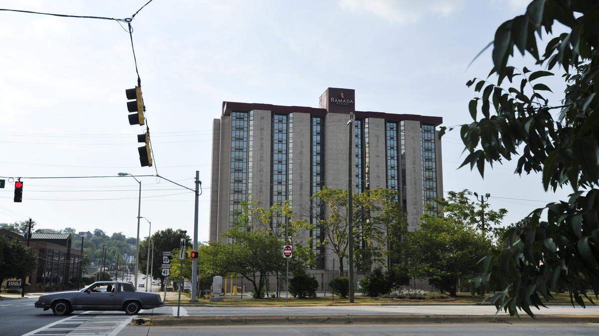 The former Ramada Plaza, pictured here in 2012, as seen from the intersection of Second Street and Walnut Street in Macon.