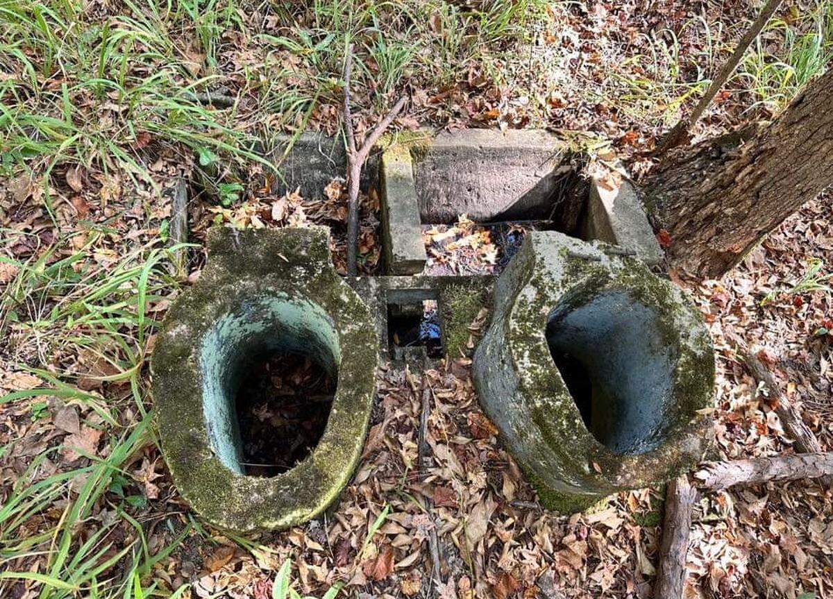 Outhouses are among the several headstones abandoned in a forgotten cemetery on Marion Road.