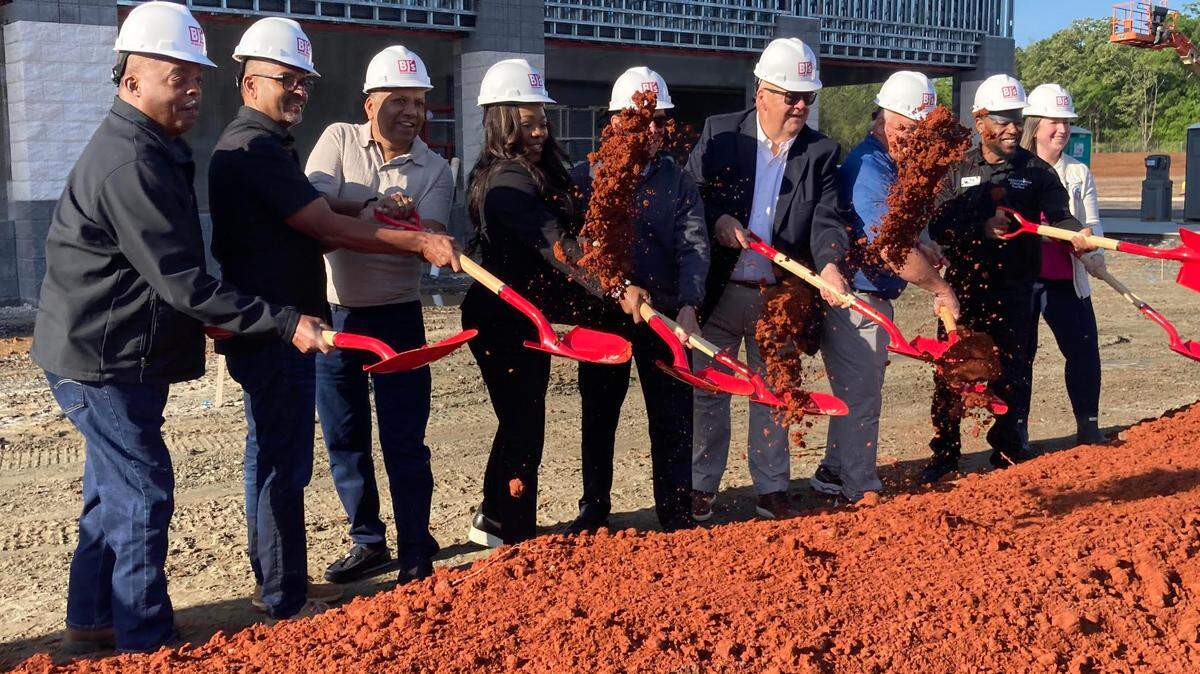 BJ’s Wholesale Club held a few ceremonial groundbreakings for its new club Wednesday, April 9, 2025, in a portion of Peach County that’s been annexed by Warner Robins. This one includes Warner Robins Mayor LaRhonda Patrick, fourth person from the left, and Peach County Commission Chairman Martin Moseley, fourth person from the right.