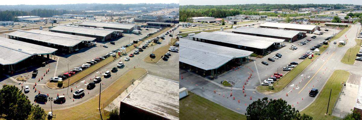 Side by side drone photos of the State Farmers Market in Macon from February 24, left and April 28 at the GEMA mass COVID vaccine site.
