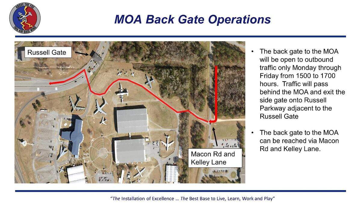 An alternate entrance to the Robins Air Force Base will be available behind the Museum of Aviation.