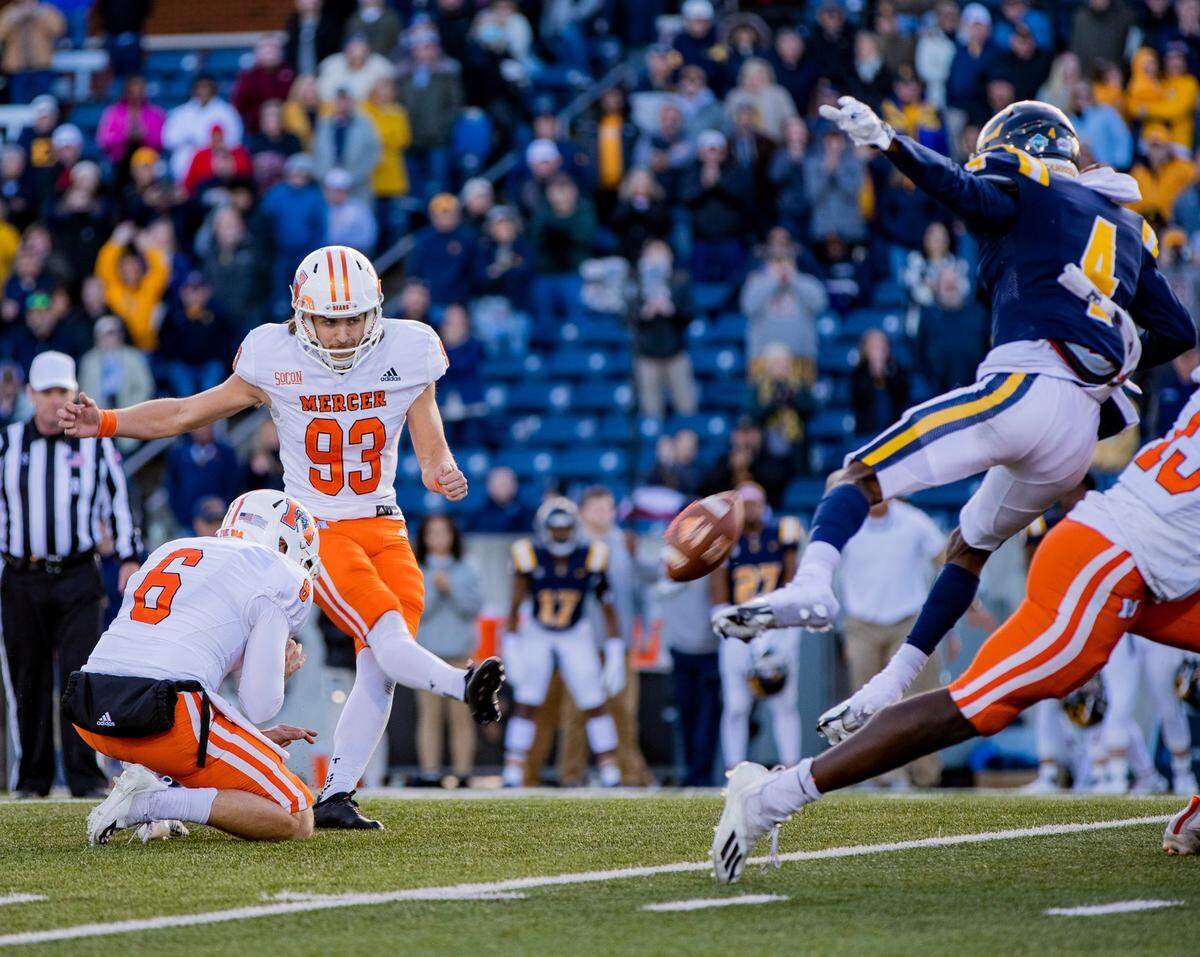 Mercer sophomore kicker Devin Folser attempts a field goal against Eastern Tennessee State Saturday afternoon at William B. Greene Jr. Stadium in Johnson City, Tenn. Folser’s attempt was unsuccessful. ETSU defeated Mercer 38-35.