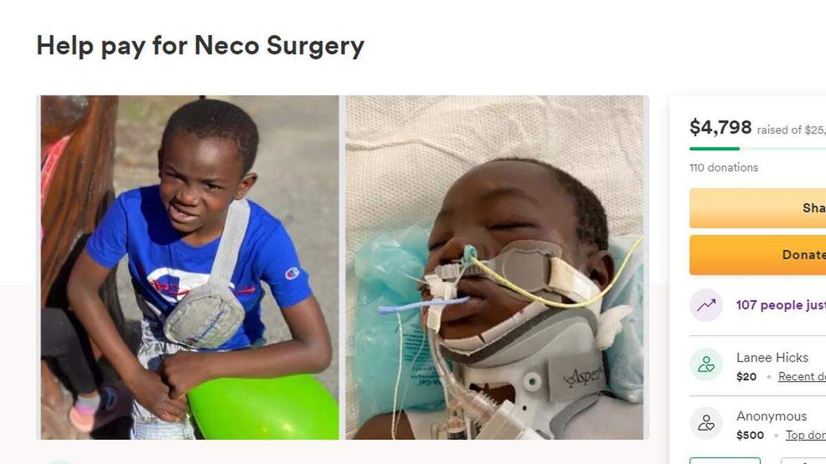 A screeshot from a GoFundMe page created to help pay for 7-year-old Neco Crumsey’s medical bills. Crumsey was injured when someone opened fire outside of a Macon apartment building.