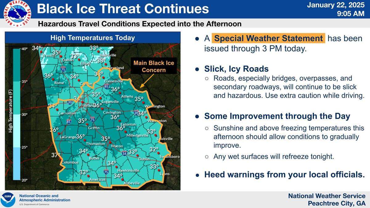Icy roads will remain an issue Wednesday, the National Weather Service reports. “Sunshine and a few hours of above-freezing temperatures could improve roadways, but with the freezing temperatures again overnight, shaded or untreated surfaces will likely remain an issue again Thursday morning.”