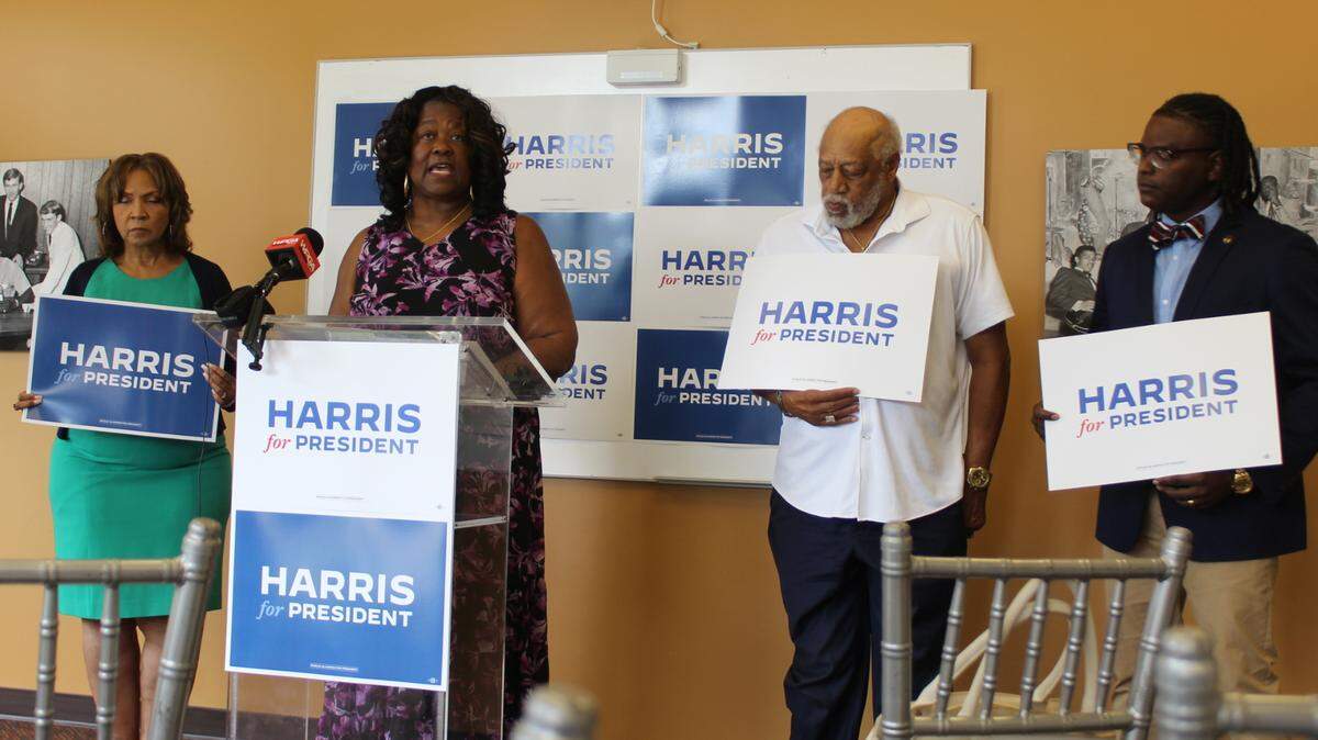 Georgia politicians and a union leader spoke at a press conference organized by the Harris for President campaign at the Tubman African American Museum on Thursday, July 25, 2024, in Macon. From left, Miriam Paris, Elaine Lucas, David Lucas and Carlos Brooks discussed abortion, union and racial equality.