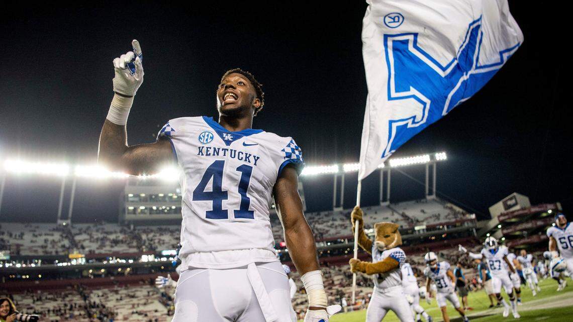 Linebacker Josh Allen celebrated with fans after Kentucky’s win at South Carolina last season. A former two-star recruit, Allen earned All-SEC recognition last season and is now projected as a potential first-round NFL Draft pick.