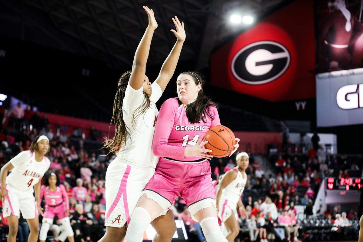 Georgia center Jenna Staiti (14) during a game against Alabama at Stegeman Coliseum in Athens, Ga., on Sun., Feb. 16, 2020. (Photo by Tony Walsh)