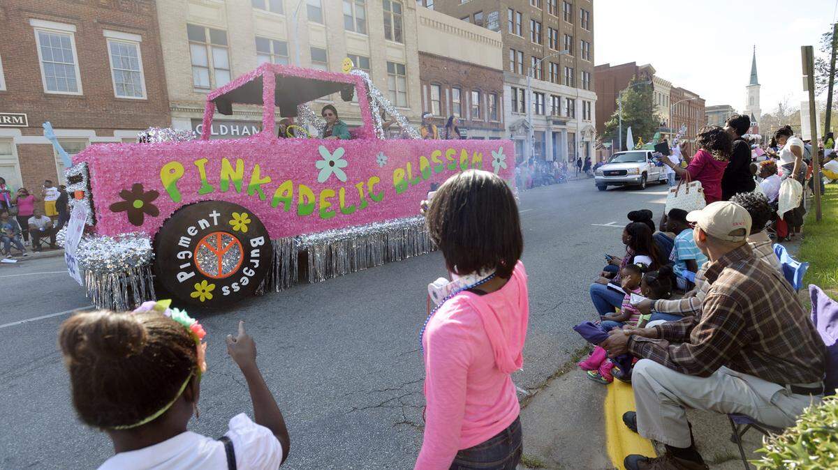 JASON VORHEES/THE TELEGRAPHA float makes its way down Mulberry Street during the 2014 Cherry Blossom Festival Parade.