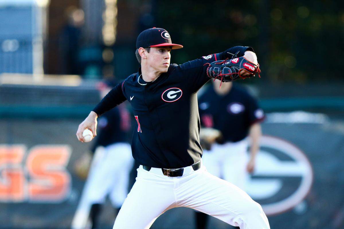Georgia pitcher Emerson Hancock (17) during a game against Richmond at Foley Field in Athens, Ga., on Friday, Feb. 14, 2020. (Photo by Tony Walsh)