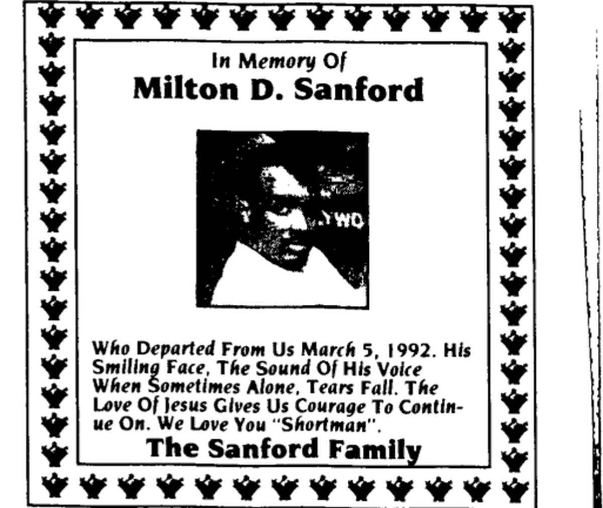 A newspaper memorial ad that appeared in The Telegraph a year after Milton D. Sanford Sr.’s death.