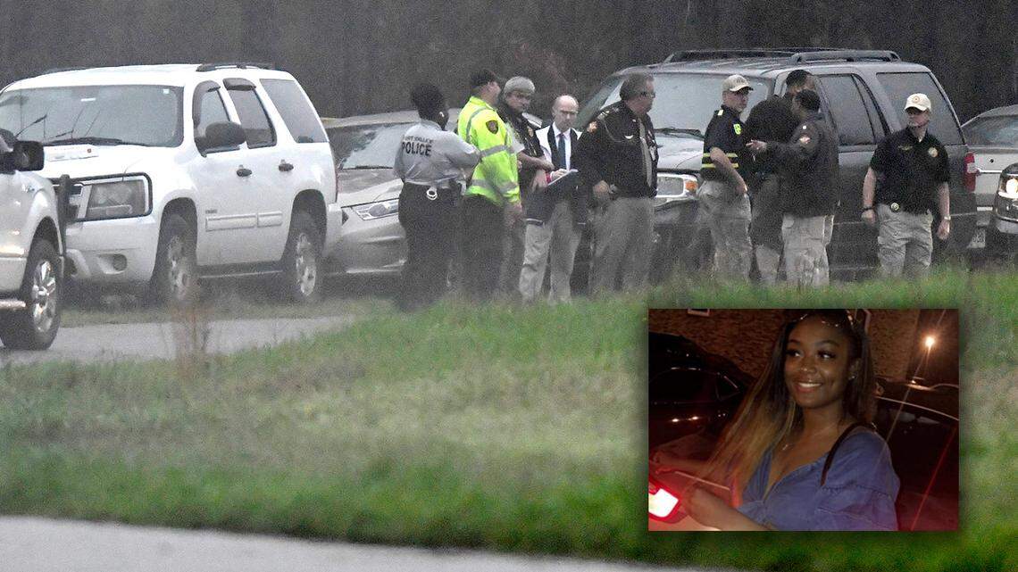 The scene in February 2020 along Greer Road in southern Crawford County where the body of missing Fort Valley State University student Anitra Gunn (inset) was found by a Peach County sheriff’s investigator.