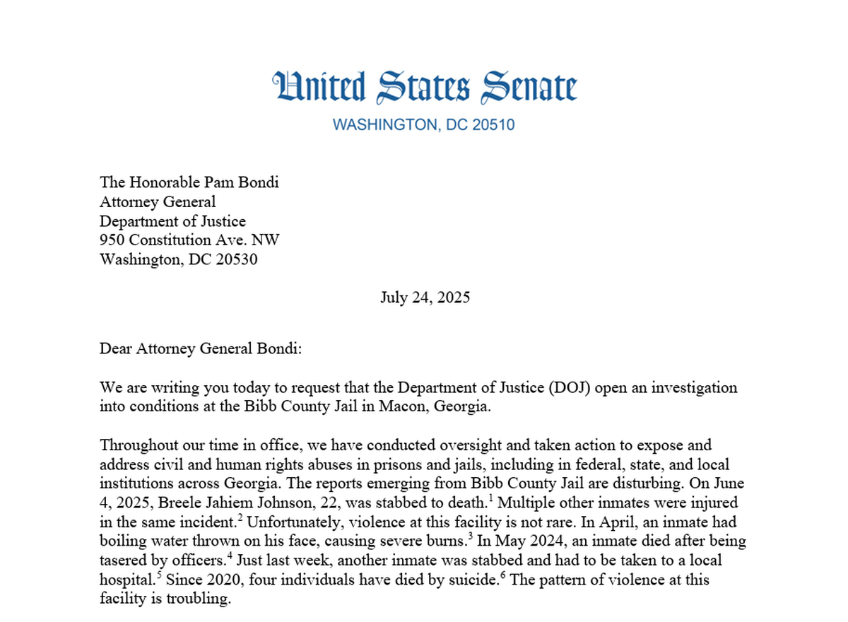 Letter from Georgia U.S. Sens Jon Ossoff and Raphael Warnock urging Attorney General Pamela Bondi to investigate the Bibb County Jail.