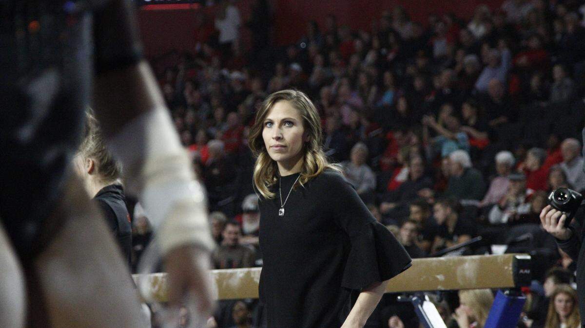 Georgia head coach Courtney Kupets Carter during the GymDogs’ meet against Oklahoma at Stegeman Coliseum in Athens, Ga., on Monday, Jan. 15, 2018.