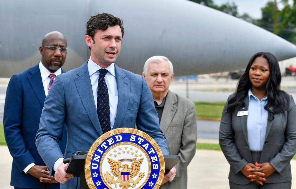 U.S. Sen. Jon Ossoff (D-GA) speaks a press conference in August 2022 afternoon outside Warner Robins City Hall after touring Robins Air Force Base with fellow Senators