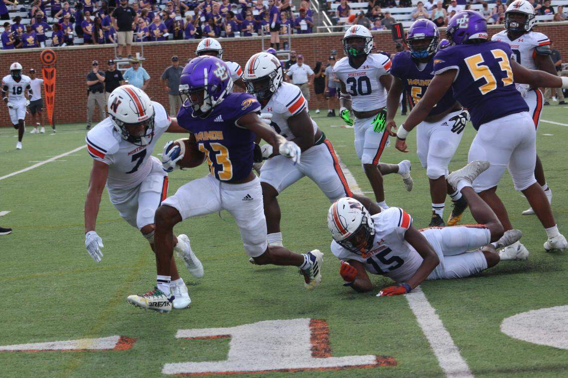 Jones County running back Zion Ragins breaks away from Northside defenders during the Greyhounds’ 27-21 victory over the Eagles. Ragins accounted for 114 total yards and two touchdowns, and had one long touchdown run called back because of penalty.