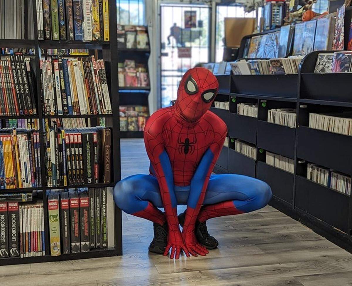 Spider-Man pops in for a visit at Fanboy Collectibles & Comics in Macon.