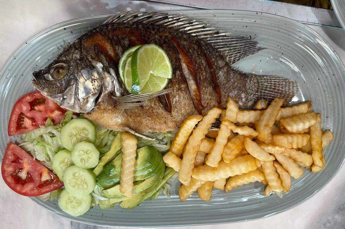 Mojarra Frita, a whole fried Tilapia served with avocado, cucumber, lettuce, tomato, lime and a side of fries or rice and beans, at Taqueria la Pina Loka in Warner Robins.