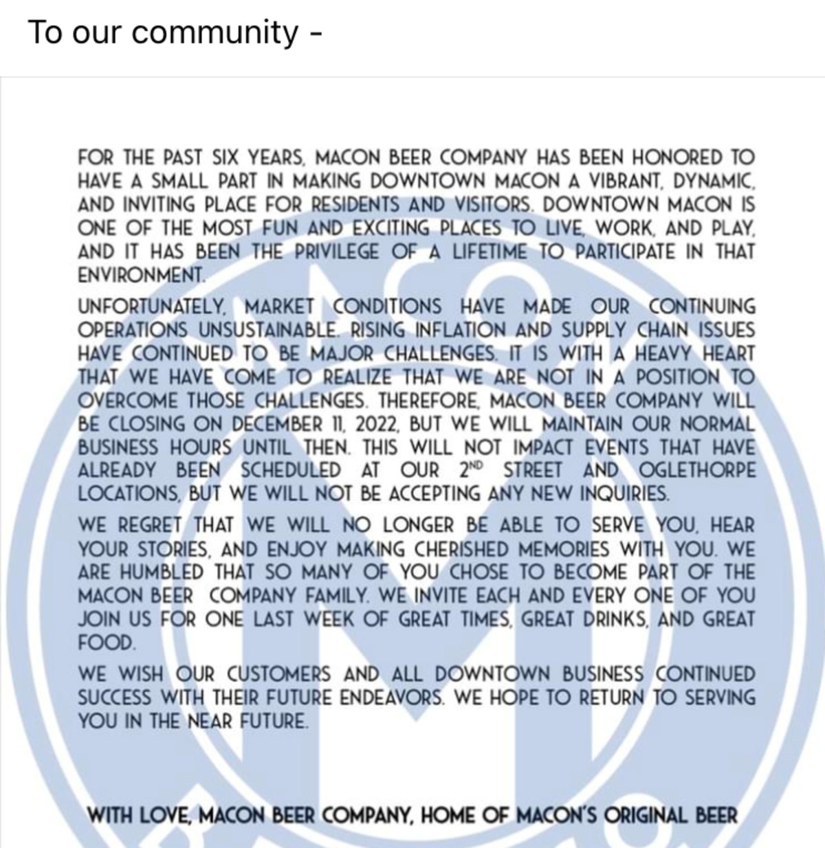Notice posted on Facebook by Macon Beer Company announcing they’re closing down Sunday.